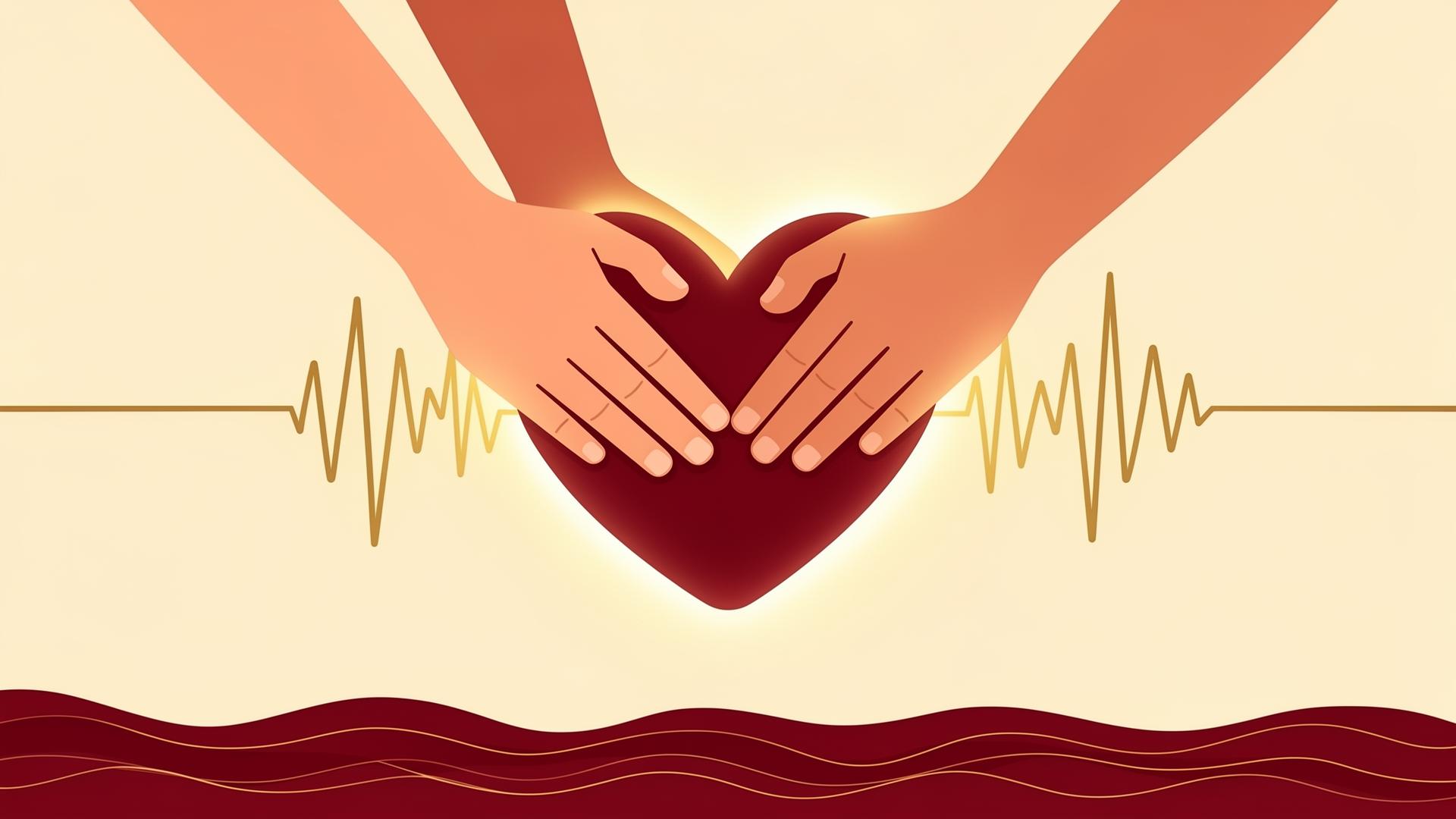 Zwei Hände führen eine Herzdruckmassage auf einem stilisierten Herz aus — Symbol für gemeinsames Lebenretten.